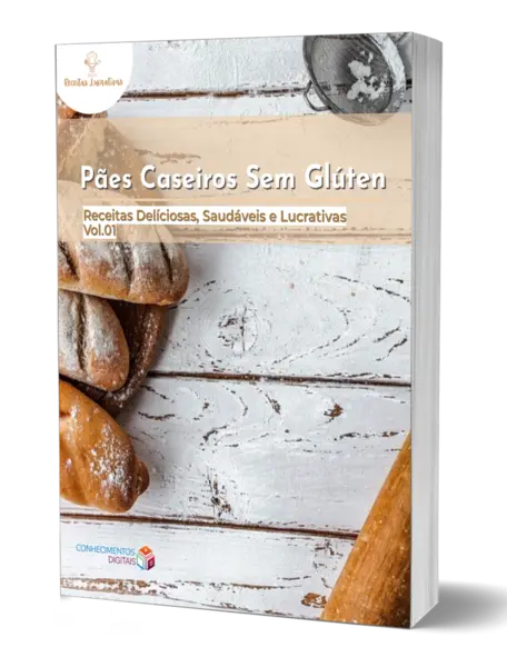 capa do livro eletrônico pães caseiros sem glúten com o título e a foto de pães caseiros no fundo